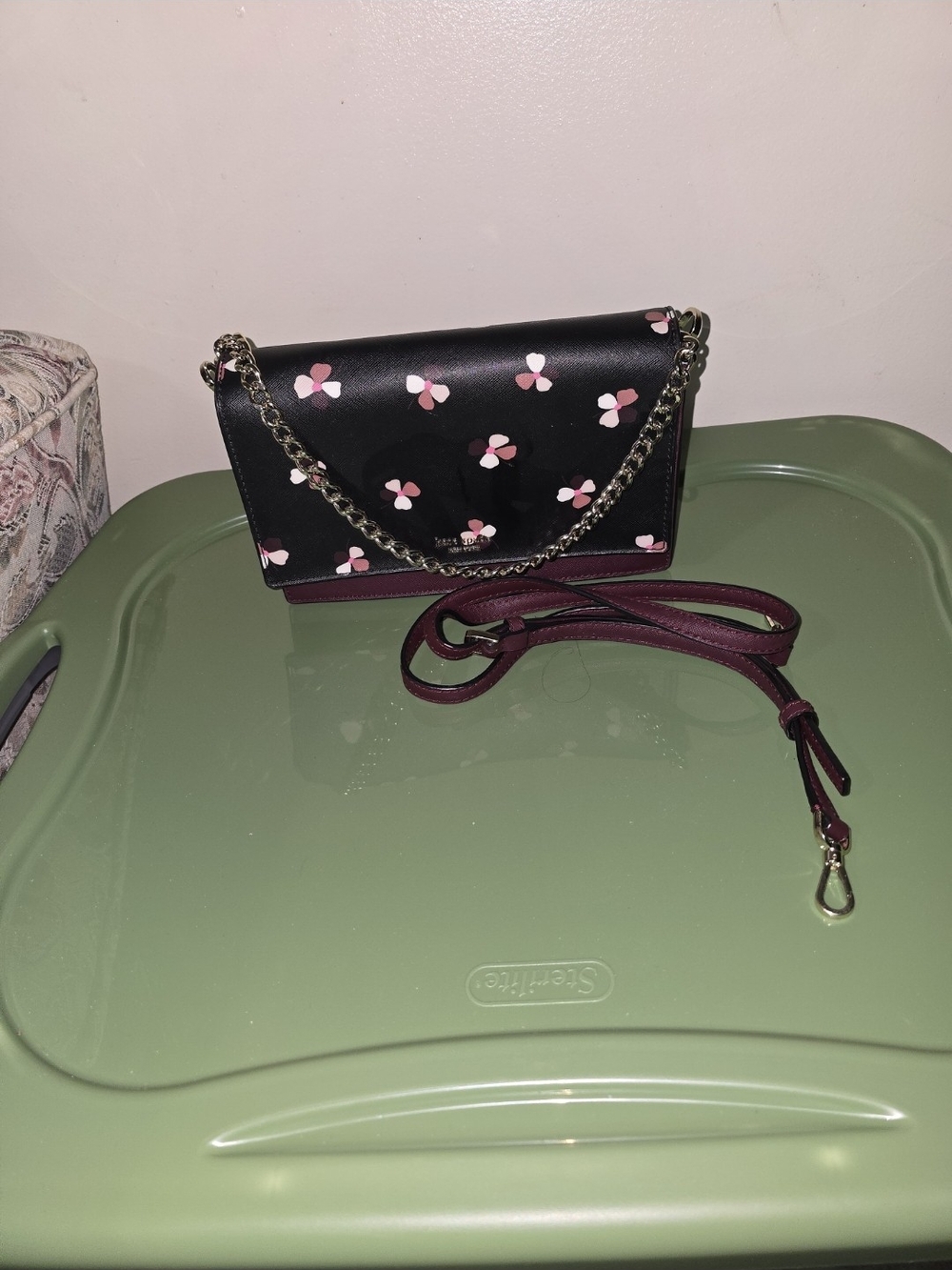 Black Floral Crossbody Bag with Pink Accents